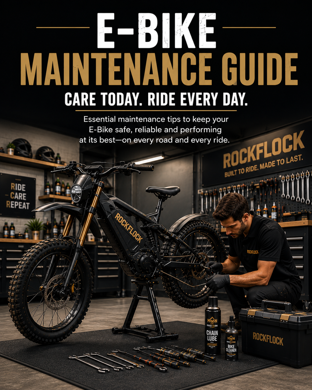 E-Bike Maintenance Guide card featuring professional dirt electric bike maintenance at the RockFlock workshop