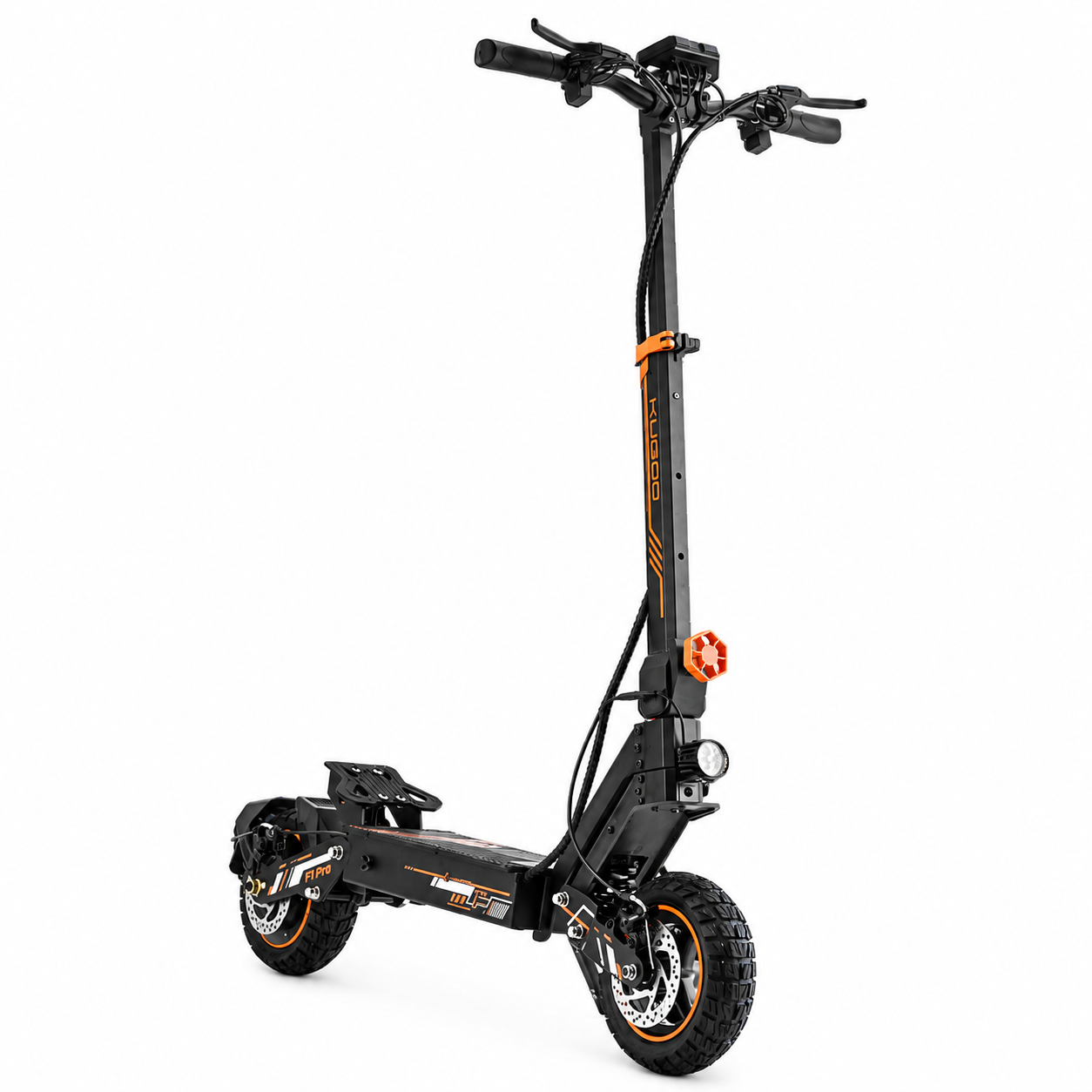KUGOO F1 Pro seatless electric scooter front three-quarter view with suspension