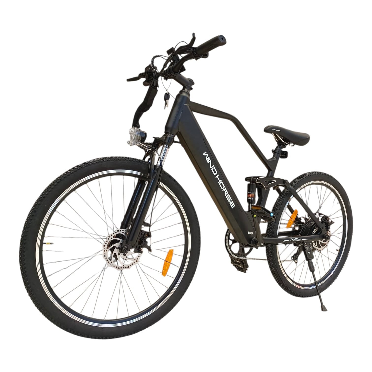 WindHorse F3 Pedal Assisted Soft-Tail Hybrid E-Bike – Gray front three-quarter view with front and rear suspension
