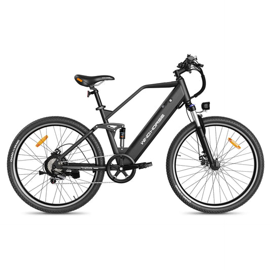 WindHorse F3 Pedal Assisted Soft-Tail Hybrid E-Bike – Gray left side profile with Shimano 7-speed drivetrain