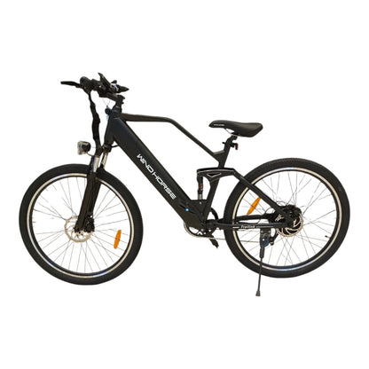 WindHorse F3 Pedal Assisted Soft-Tail Hybrid E-Bike – Gray side view with dual suspension and carbon alloy frame