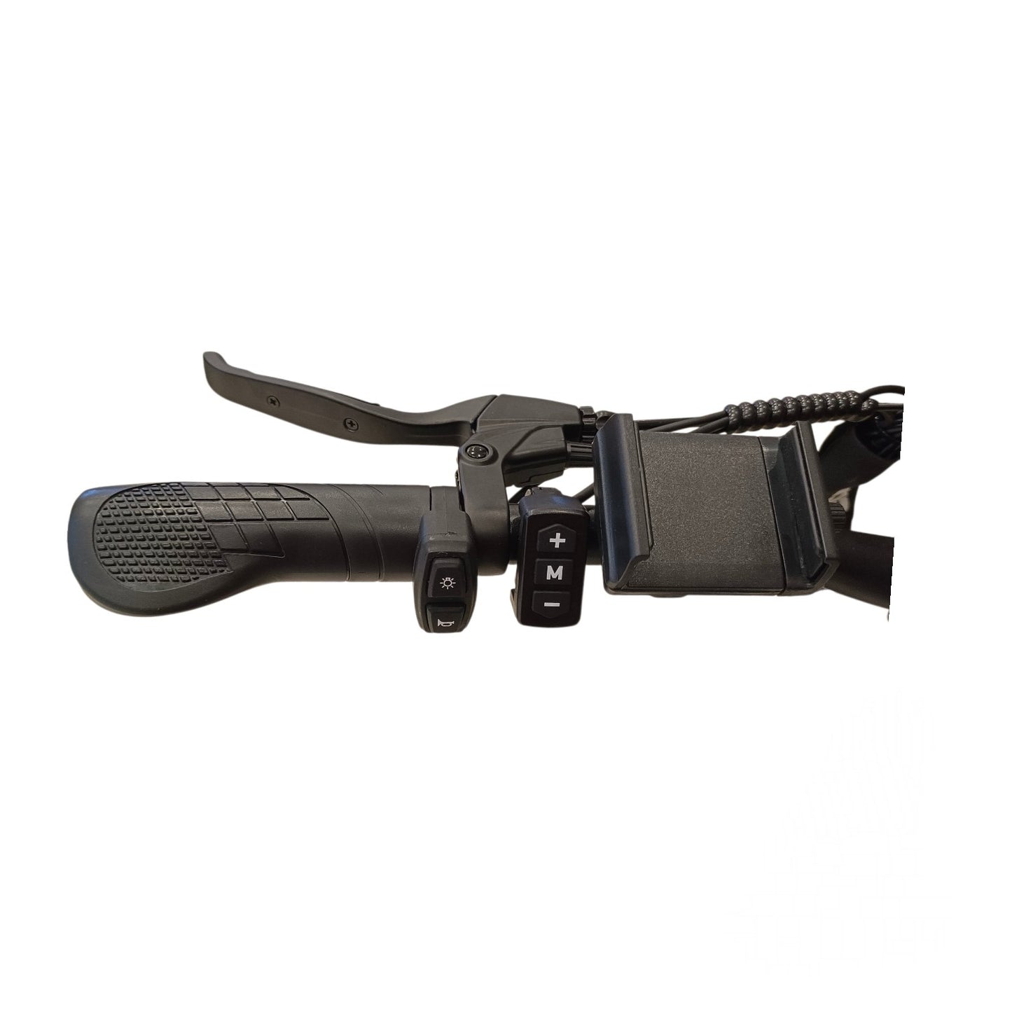 WindHorse F3 Hybrid E-Bike left handlebar controls with pedal assist buttons, horn, lights and phone holder