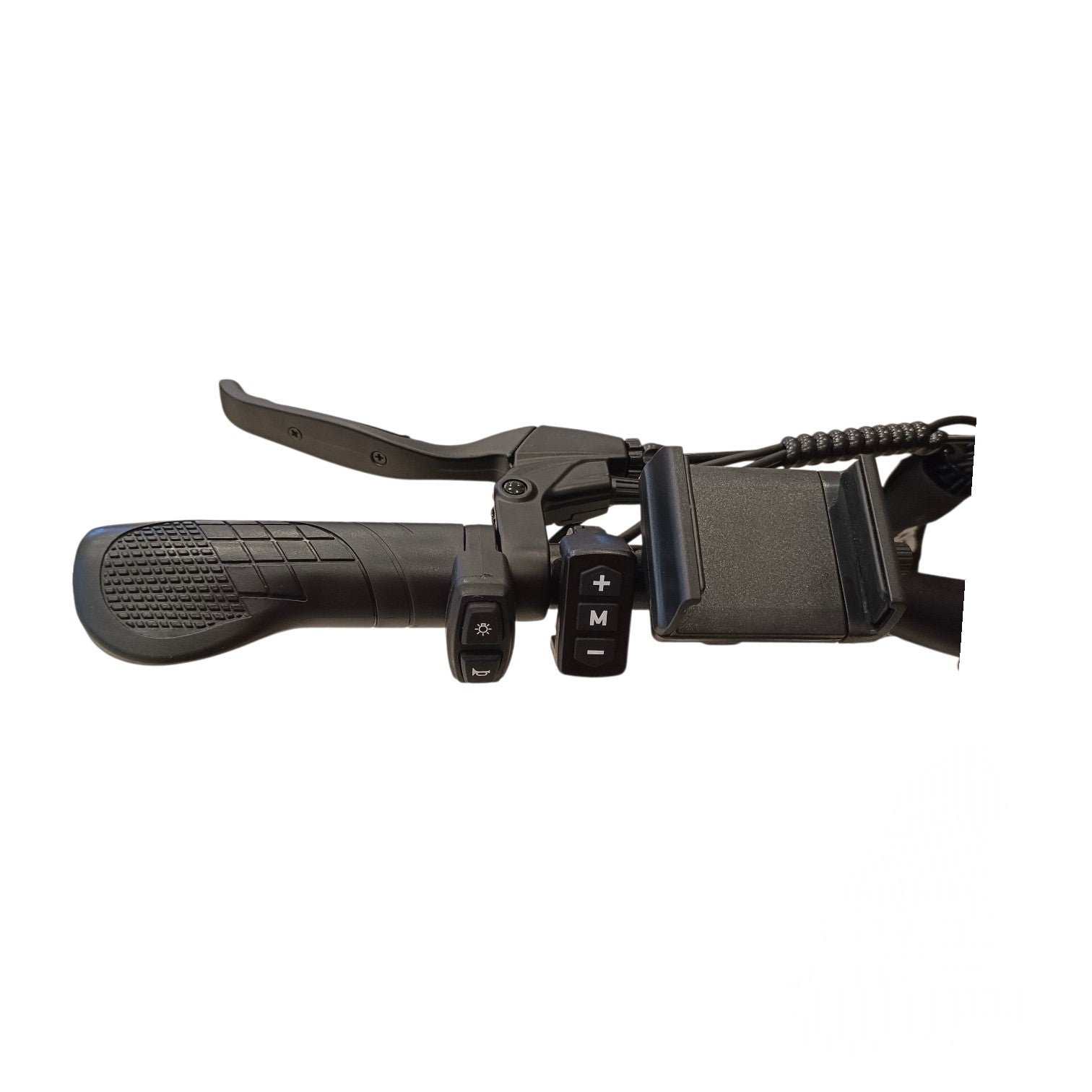 WindHorse F3 Hybrid E-Bike left handlebar controls with pedal assist buttons, horn, lights and phone holder