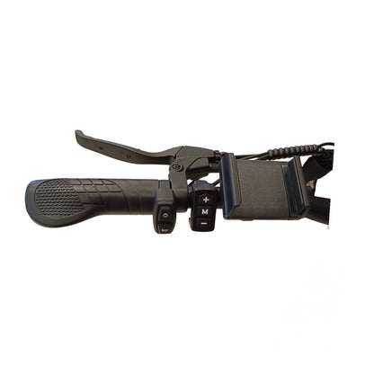 WindHorse F3 Hybrid E-Bike left handlebar controls with pedal assist buttons, horn, lights and phone holder