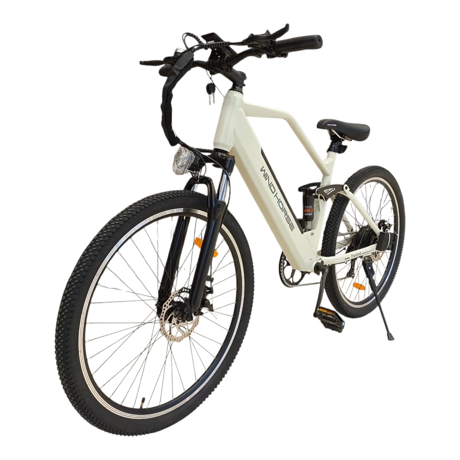 WindHorse F3 Pedal Assisted Soft-Tail Hybrid E-Bike – White front three-quarter angle showing soft-tail suspension