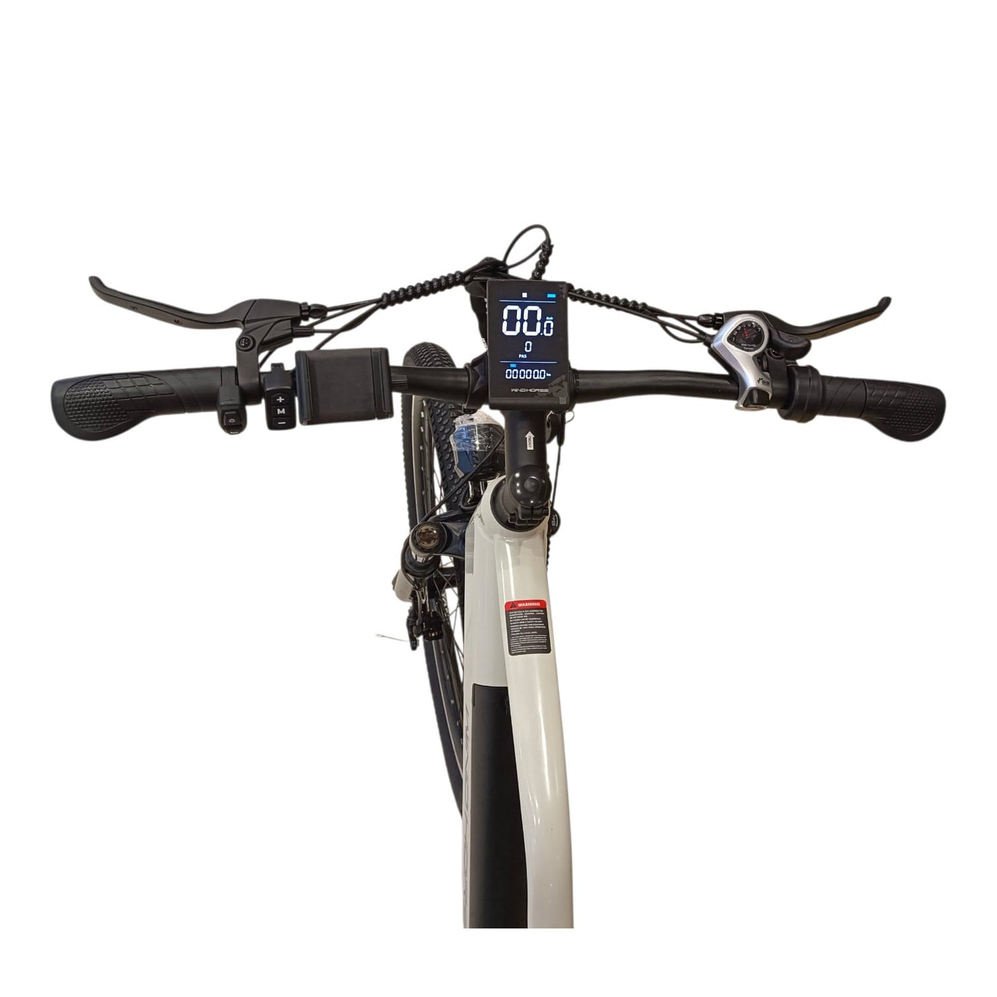 WindHorse F3 Hybrid E-Bike LCD display with handlebar controls and riding information screen