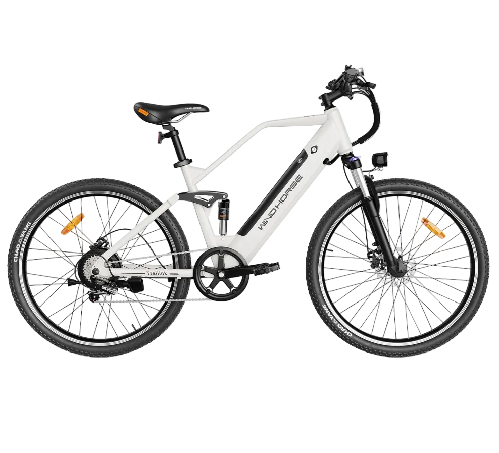 WindHorse F3 Pedal Assisted Soft-Tail Hybrid E-Bike – White left side profile with Shimano 7-speed gears