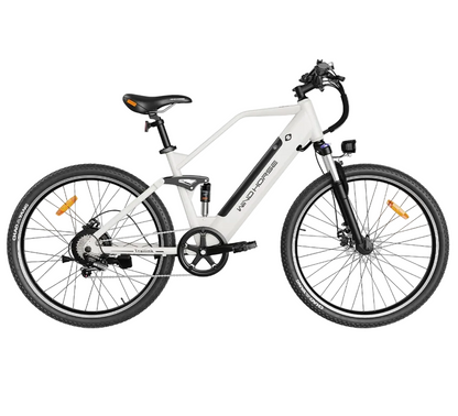 WindHorse F3 Pedal Assisted Soft-Tail Hybrid E-Bike – White left side profile with Shimano 7-speed gears