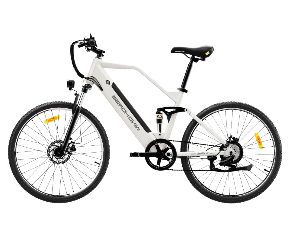 WindHorse F3 Pedal Assisted Soft-Tail Hybrid E-Bike – White side view with dual suspension and removable battery