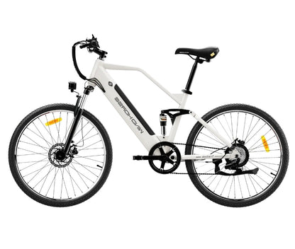 WindHorse F3 Pedal Assisted Soft-Tail Hybrid E-Bike – White side view with dual suspension and removable battery