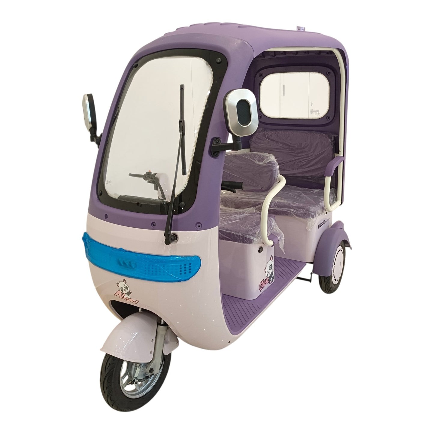 Purple F7D Tri-Wheel Multi Seater E-Bike with Roof & Rear Luggage Basket front right three-quarter view showing panoramic windshield