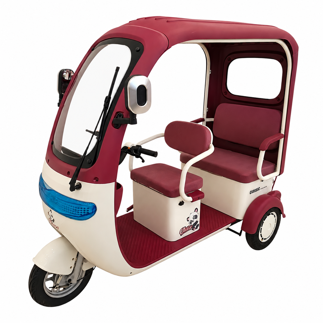 F7D Tri-Wheel Multi Seater E-Bike with Roof & Rear Luggage Basket front right three-quarter view in red showing spacious 3-seater design
