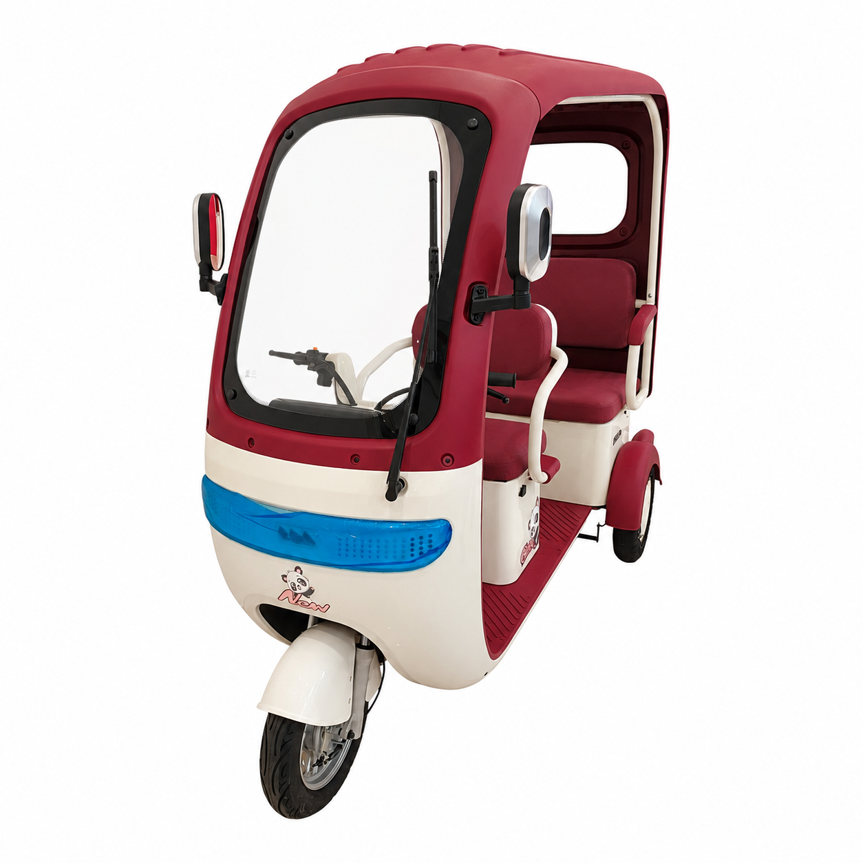 Front view of F7D Tri-Wheel Multi Seater E-Bike with Roof & Rear Luggage Basket featuring panoramic windshield and LED front light