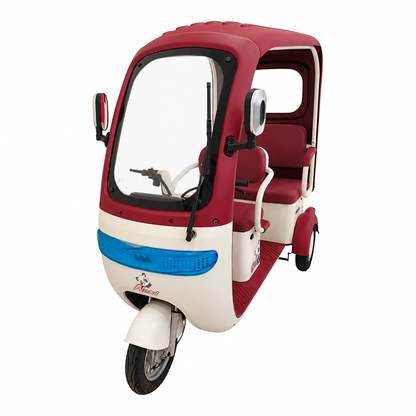 Front view of F7D Tri-Wheel Multi Seater E-Bike with Roof & Rear Luggage Basket featuring panoramic windshield and LED front light