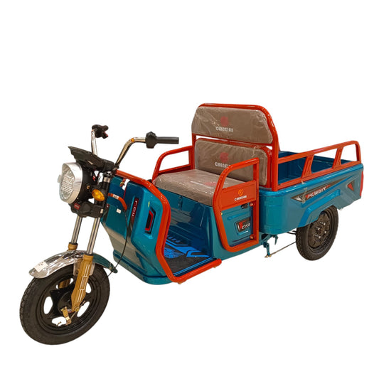 1.1 MTR Small Size Tri-Wheel Electric Tuk-Tuk Cargo Bike front three-quarter view with spacious cargo box for warehouse deliveries and small business logistics in UAE
