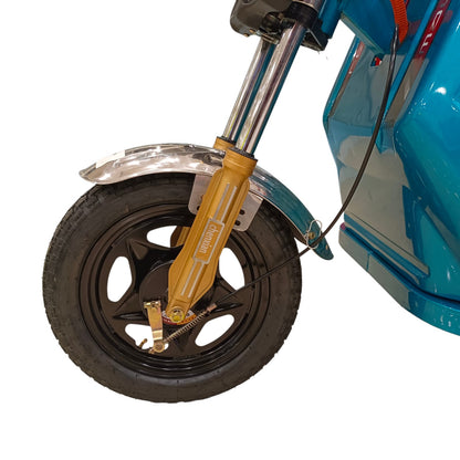 Heavy-duty front suspension and durable alloy wheel of 1.1 MTR Electric Cargo Bike engineered for stable commercial transportation