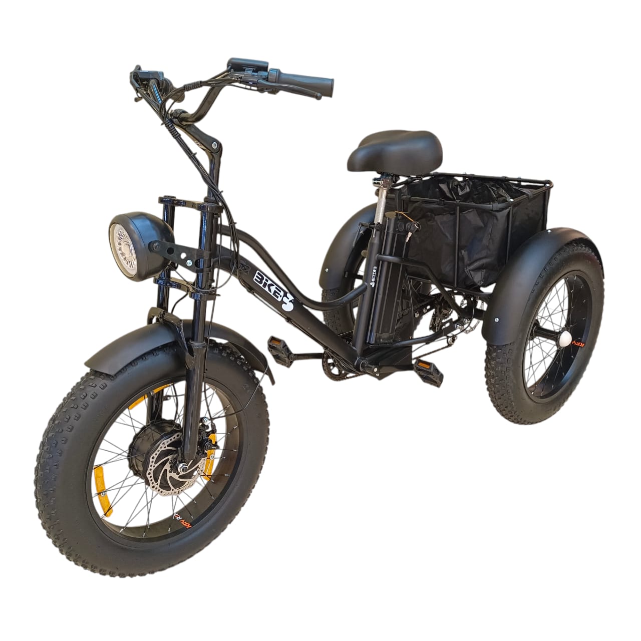 A3 electric tricycle front three-quarter view with rear basket