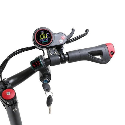 Kugoo G1 LCD display, throttle, brake levers and riding controls with speedometer, battery indicator and key ignition