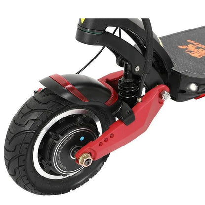 Kugoo G1 rear dual motor hub, spring suspension and 10-inch tubeless tire close-up for enhanced riding comfort