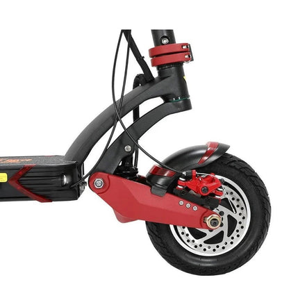 Kugoo G1 front hydraulic disc brake, suspension system and 10-inch tubeless front tire close-up