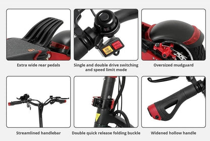 Kugoo G1 premium features including extra-wide rear footrest, dual motor switch, oversized mudguard, quick folding mechanism and ergonomic handlebars
