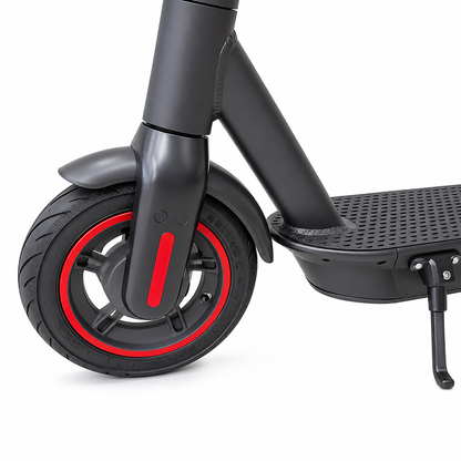 G30 MAX Foldable Electric Kick Scooter front wheel and suspension close-up with pneumatic tyre