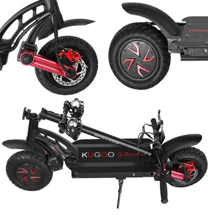 Side profile of Kugoo G-Booster Powerful E-Scooter displaying foldable frame, wide deck and dual motor drivetrain.