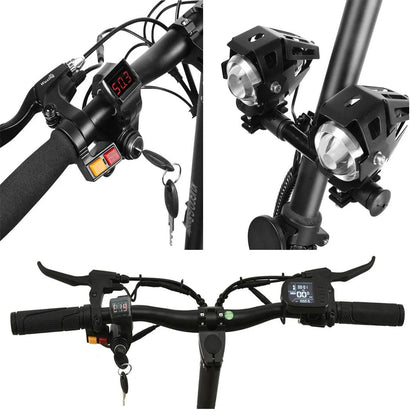 Close-up of Kugoo G-Booster LCD display, ignition key, dual motor switch and powerful dual LED headlights