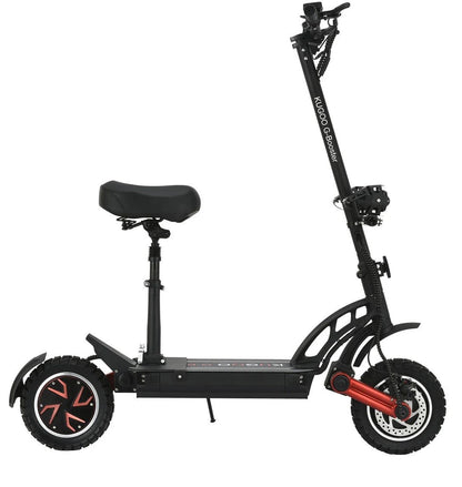 Rear three-quarter view of Kugoo G-Booster electric scooter showing wide deck, rear suspension and dual motor design.