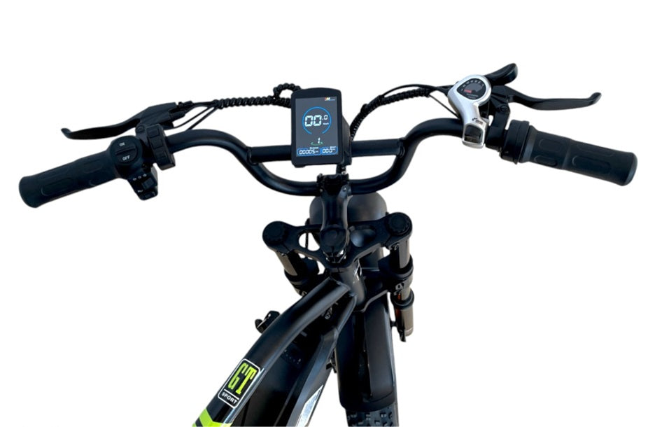 Digital LCD display and handlebar controls of S1 Pedal Assisted Fat Tires E-Bike with Shimano gear shifter