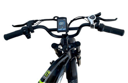 Digital LCD display and handlebar controls of S1 Pedal Assisted Fat Tires E-Bike with Shimano gear shifter