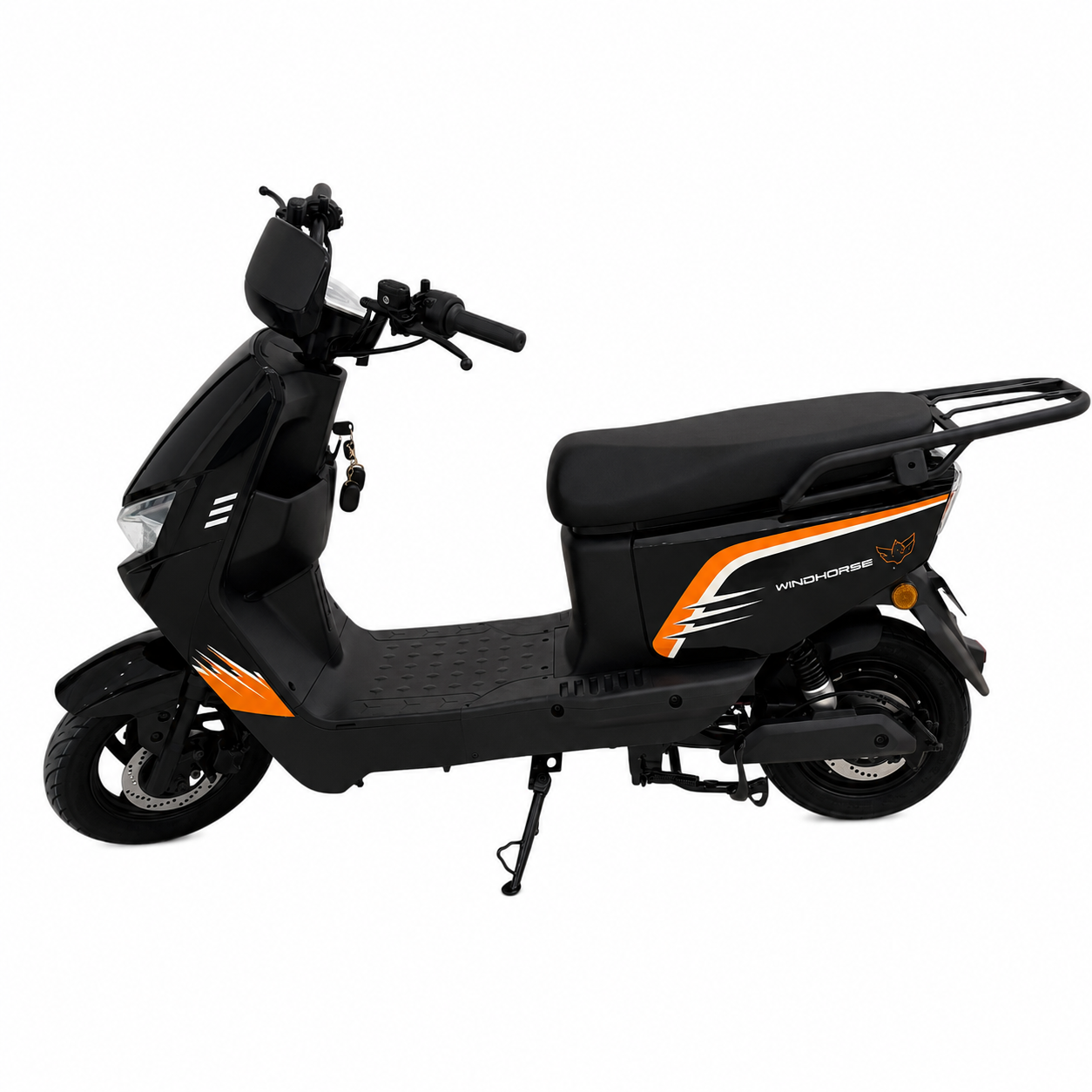 WindHorse M5 Pro Black-Orange electric bike side profile showing dual seat and rear carrier.