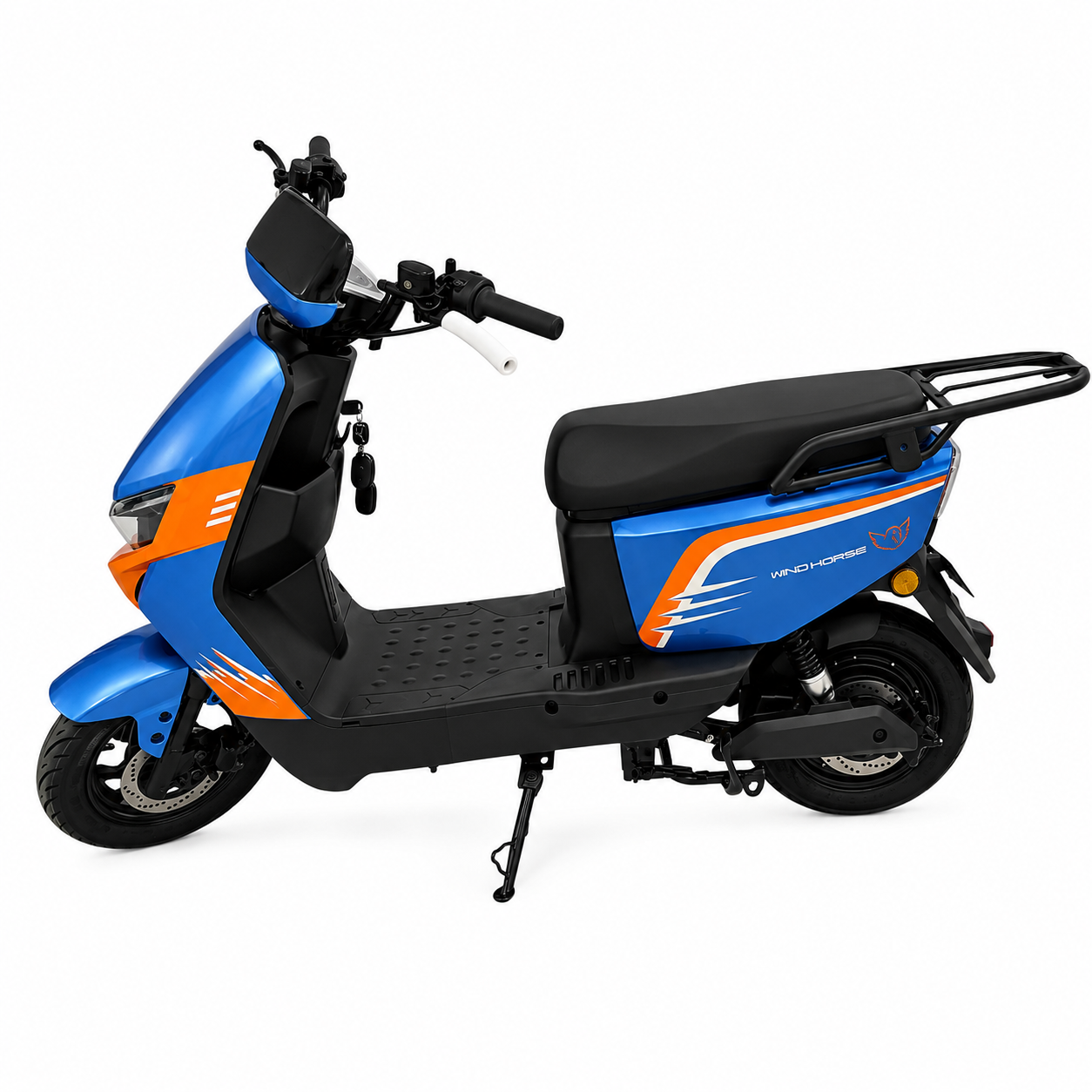 WindHorse M5 Pro electric bike Blue-Orange side profile showing dual seat and rear carrier.