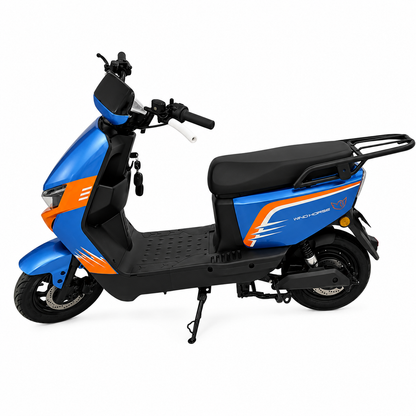 WindHorse M5 Pro electric bike Blue-Orange side profile showing dual seat and rear carrier.