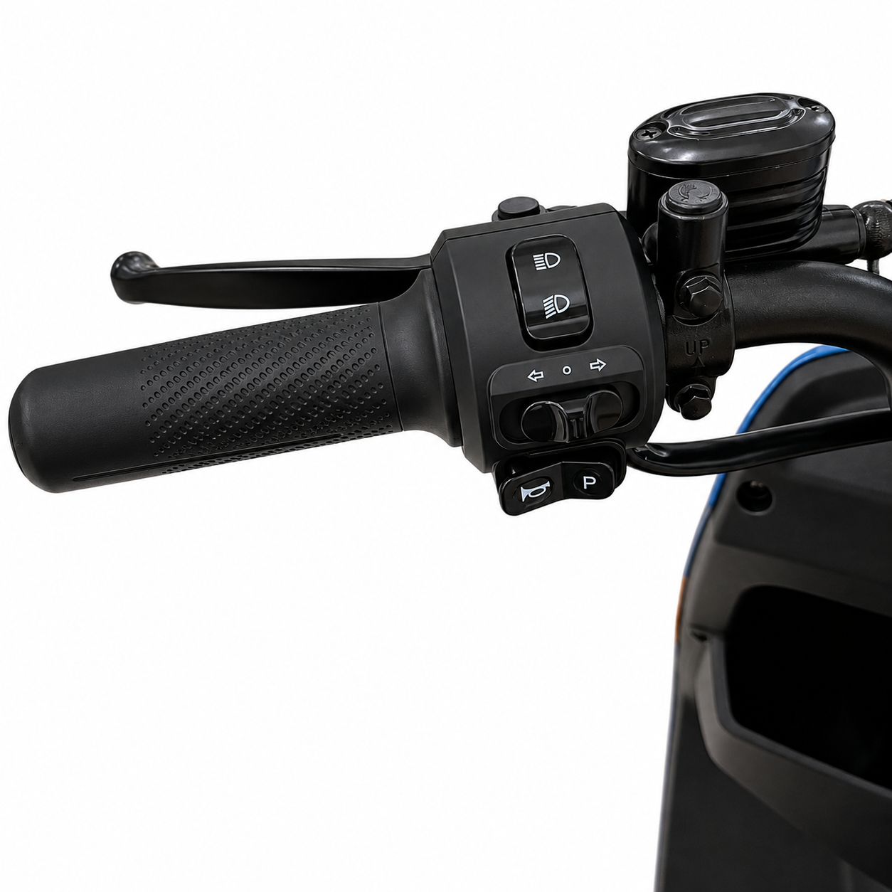 Left handlebar switchgear with horn, indicators and lighting controls.
