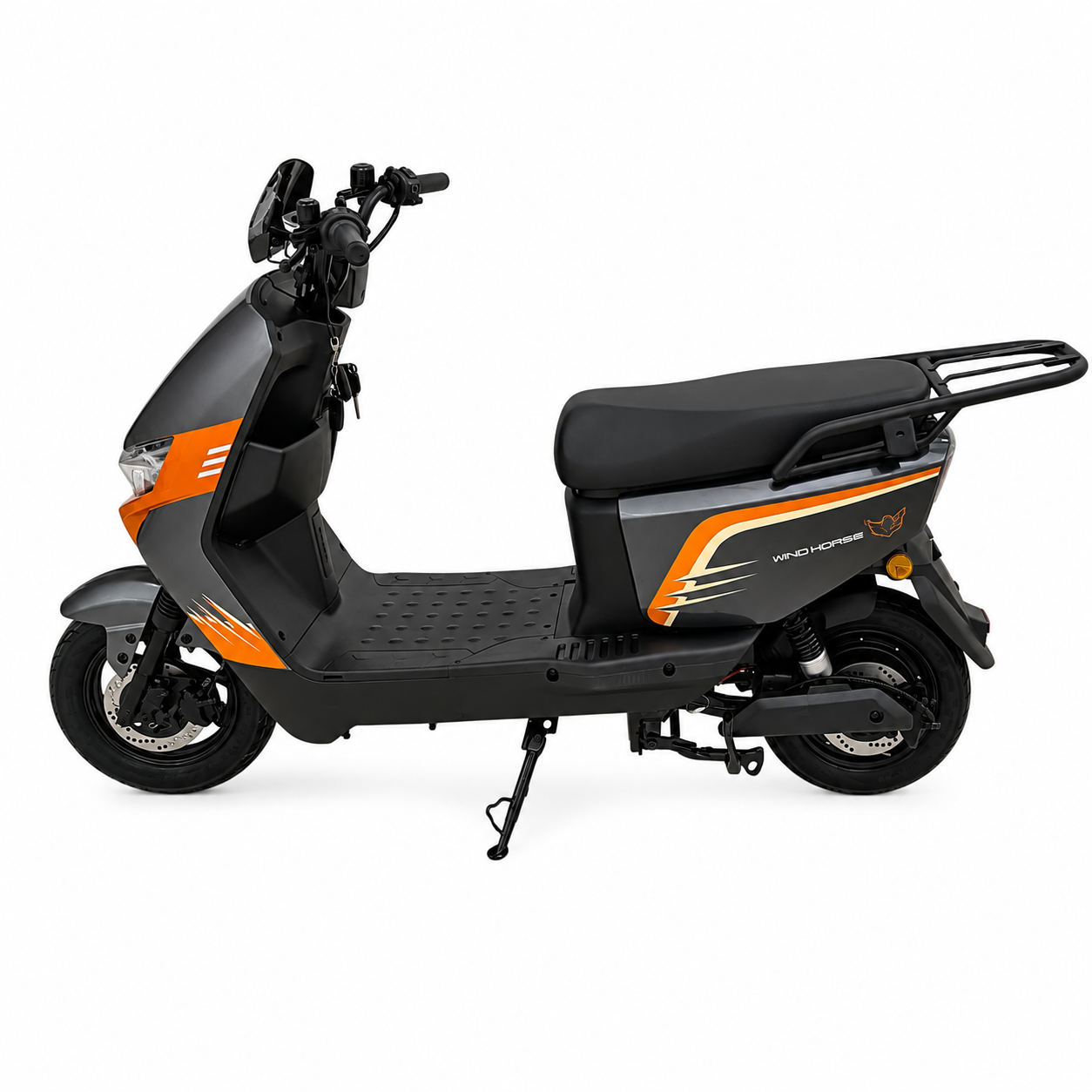 WindHorse M5 Pro electric bike side profile showing dual seat and rear carrier.
