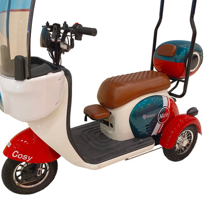 Interior seating view of V1 Tri-Wheel Two Seater E-Bike with Roof showing spacious footboard, two-seater layout and front baby seat.