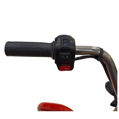 Left handlebar switch controls of 1.1 MTR Electric Tuk-Tuk Cargo Bike with horn, indicators and headlight controls