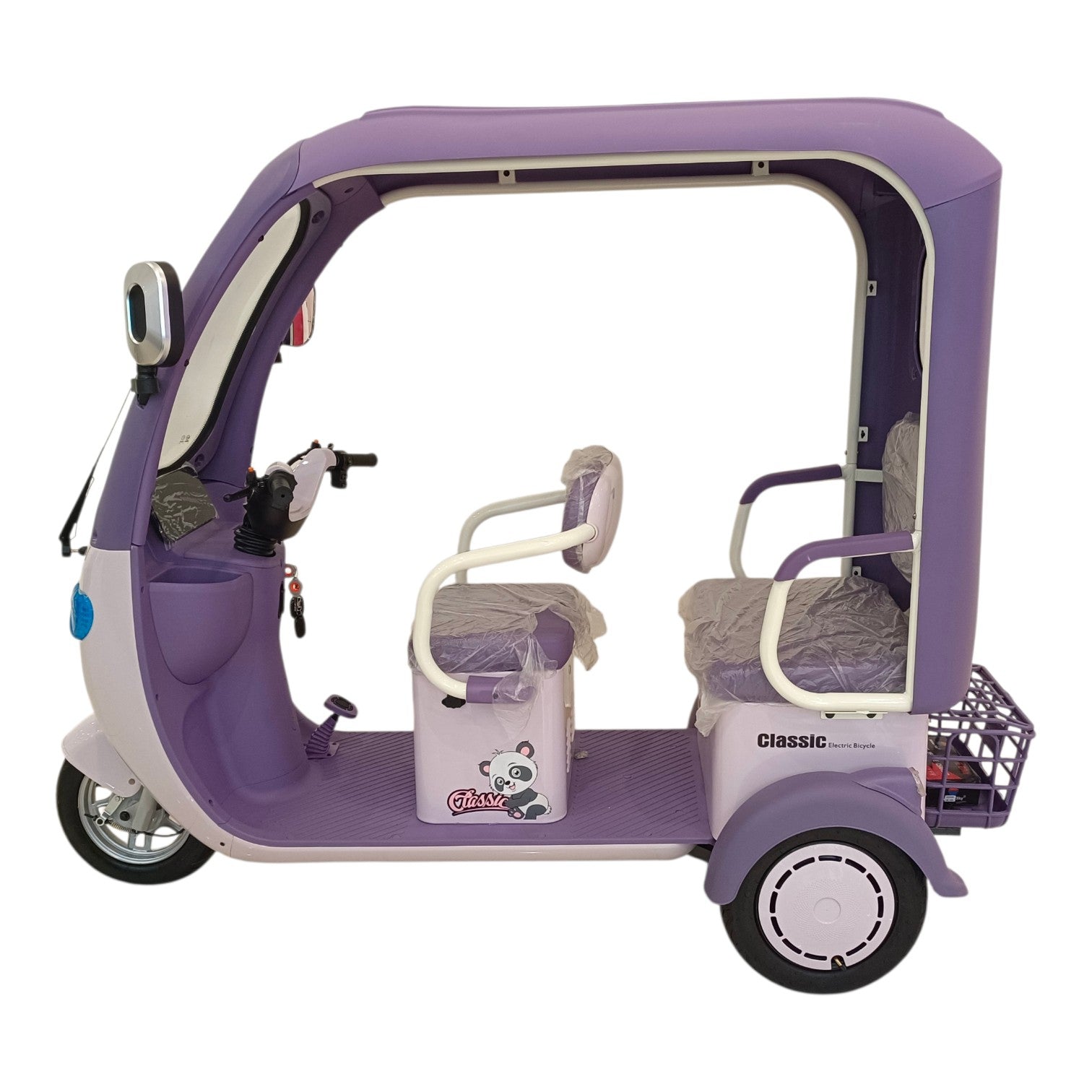 Purple F7D Tri-Wheel Multi Seater E-Bike with Roof & Rear Luggage Basket left side view with spacious passenger seating
