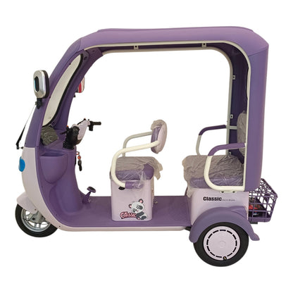 Purple F7D Tri-Wheel Multi Seater E-Bike with Roof & Rear Luggage Basket left side view with spacious passenger seating