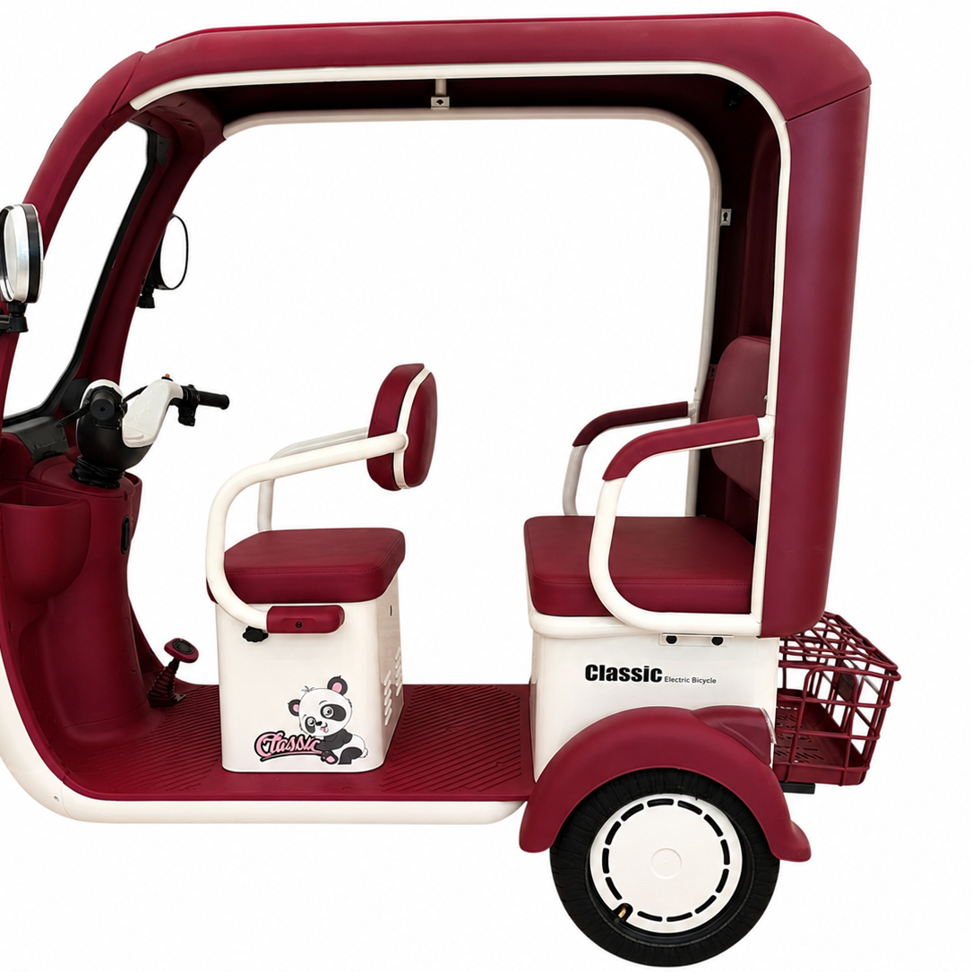 Left side profile of F7D Tri-Wheel Multi Seater E-Bike with Roof & Rear Luggage Basket highlighting spacious three-seat layout