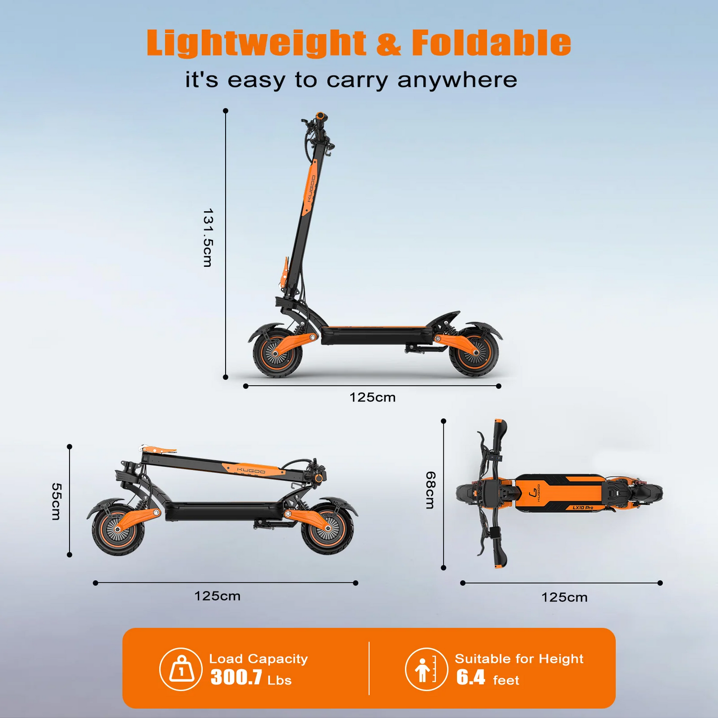Kugoo LX10 Pro foldable electric scooter dimensions and 150 kg maximum load capacity