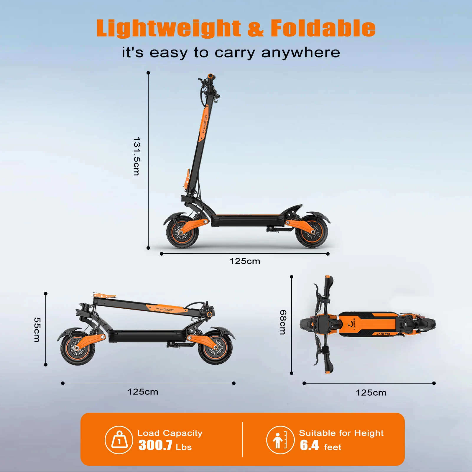 Kugoo LX10 Pro foldable electric scooter dimensions and 150 kg maximum load capacity