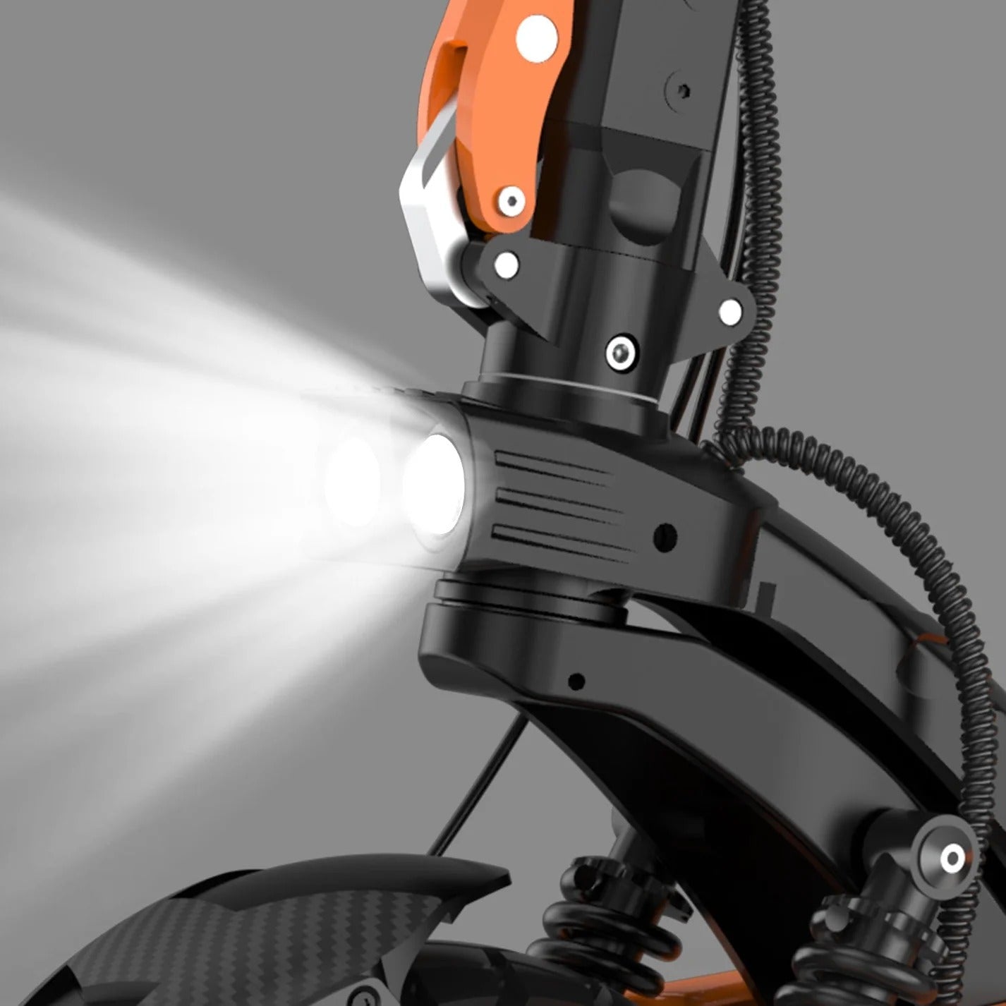 Kugoo LX10 Pro electric scooter LED headlight and front dual suspension close-up