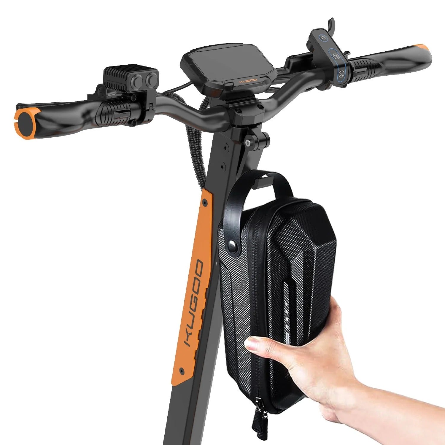 Kugoo LX10 Pro electric scooter handlebar with removable storage bag and LCD display