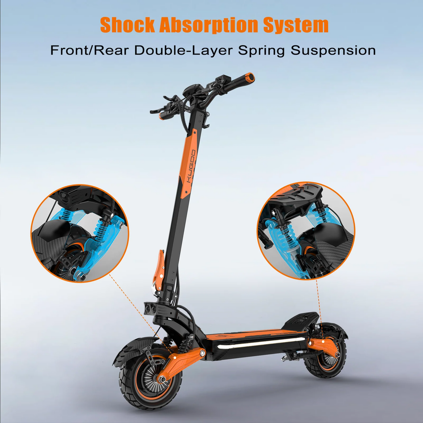 Kugoo LX10 Pro dual suspension electric scooter with front and rear spring shock absorbers