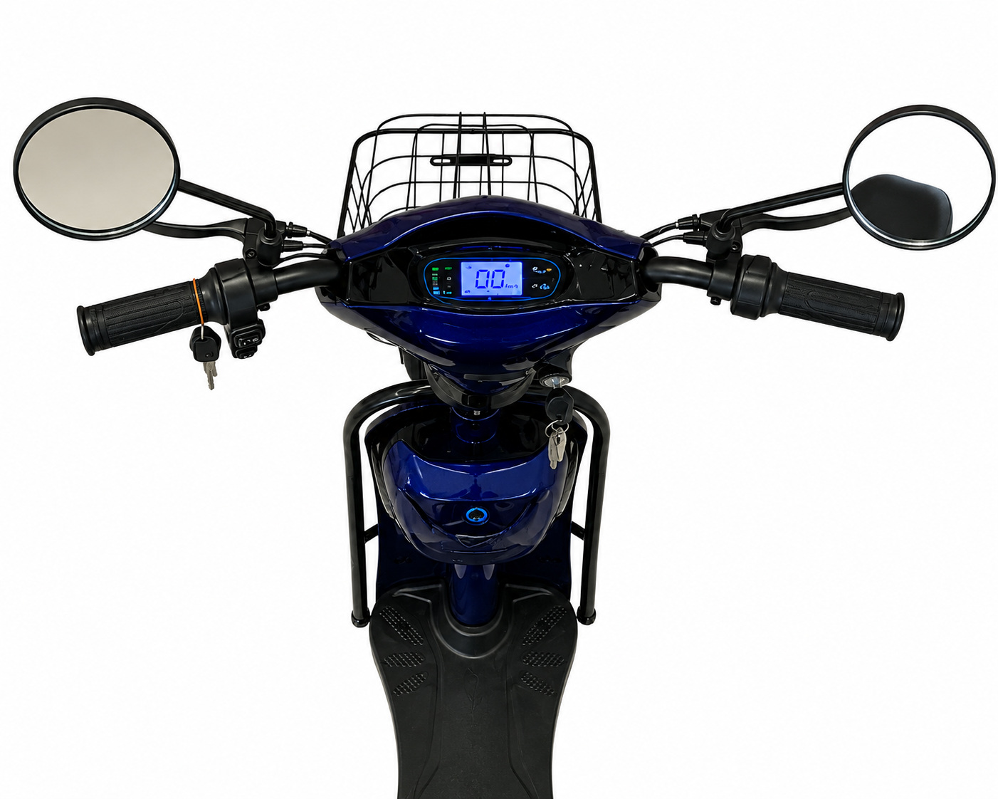 WindHorse M2 Dual Seater E-Bike front view with LCD Screen, rear view mirrors, ergonomic handlebars and front basket