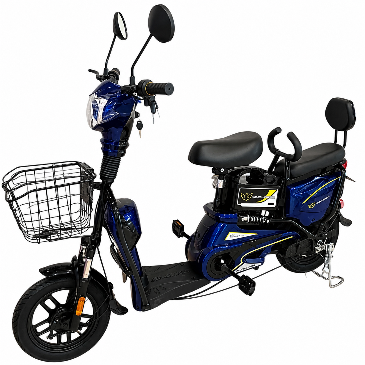 WindHorse M2 Electric Bike angled side view featuring front basket, dual seating, rear suspension and removable battery