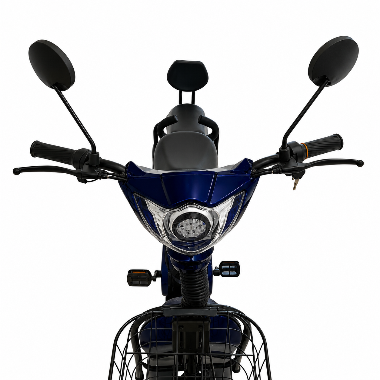 WindHorse M2 Dual Seater E-Bike front view with LED headlight, rear view mirrors, ergonomic handlebars and front basket