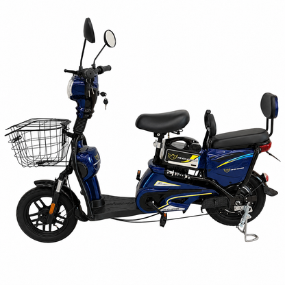 WindHorse M2 Dual Seater Blue Color E-Bike side profile showing detachable battery, front basket, rear passenger seat and rear backrest
